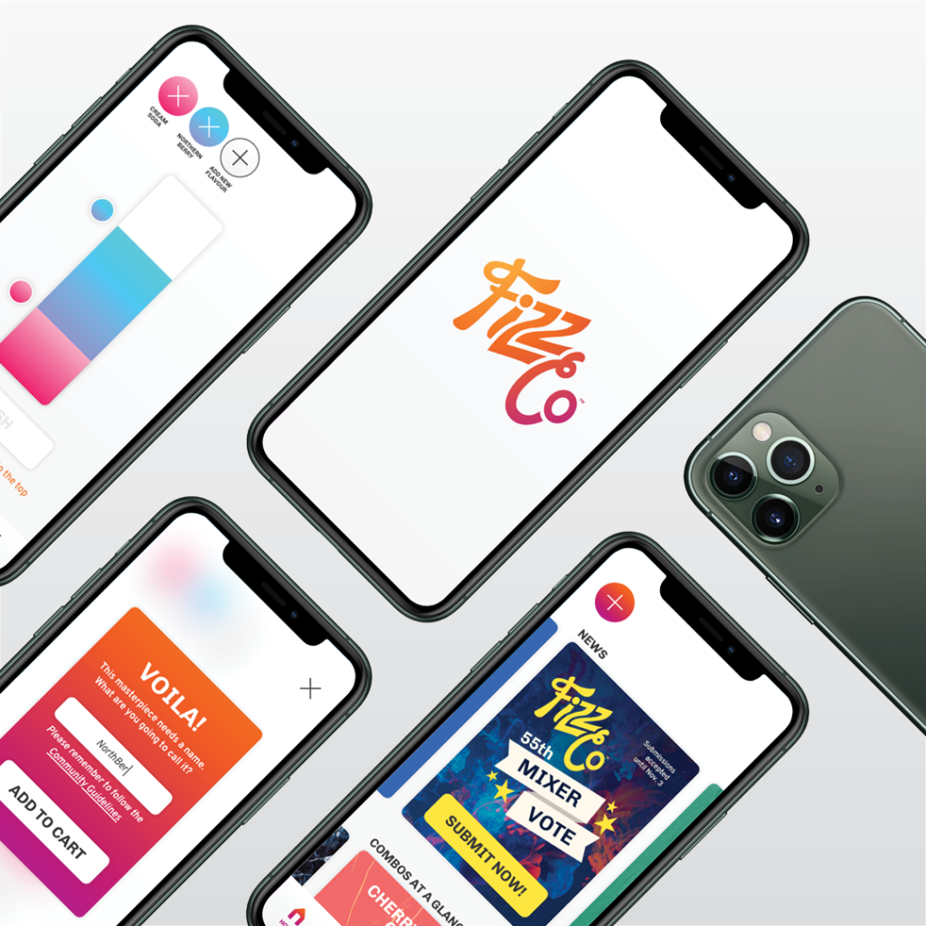 mockup of phones showing off the FizzCo app